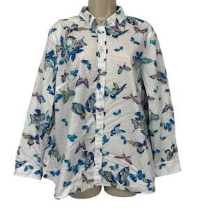 Talbots Button Up Top Petite XL White Butterfly Novelty Print Spring Whimsical